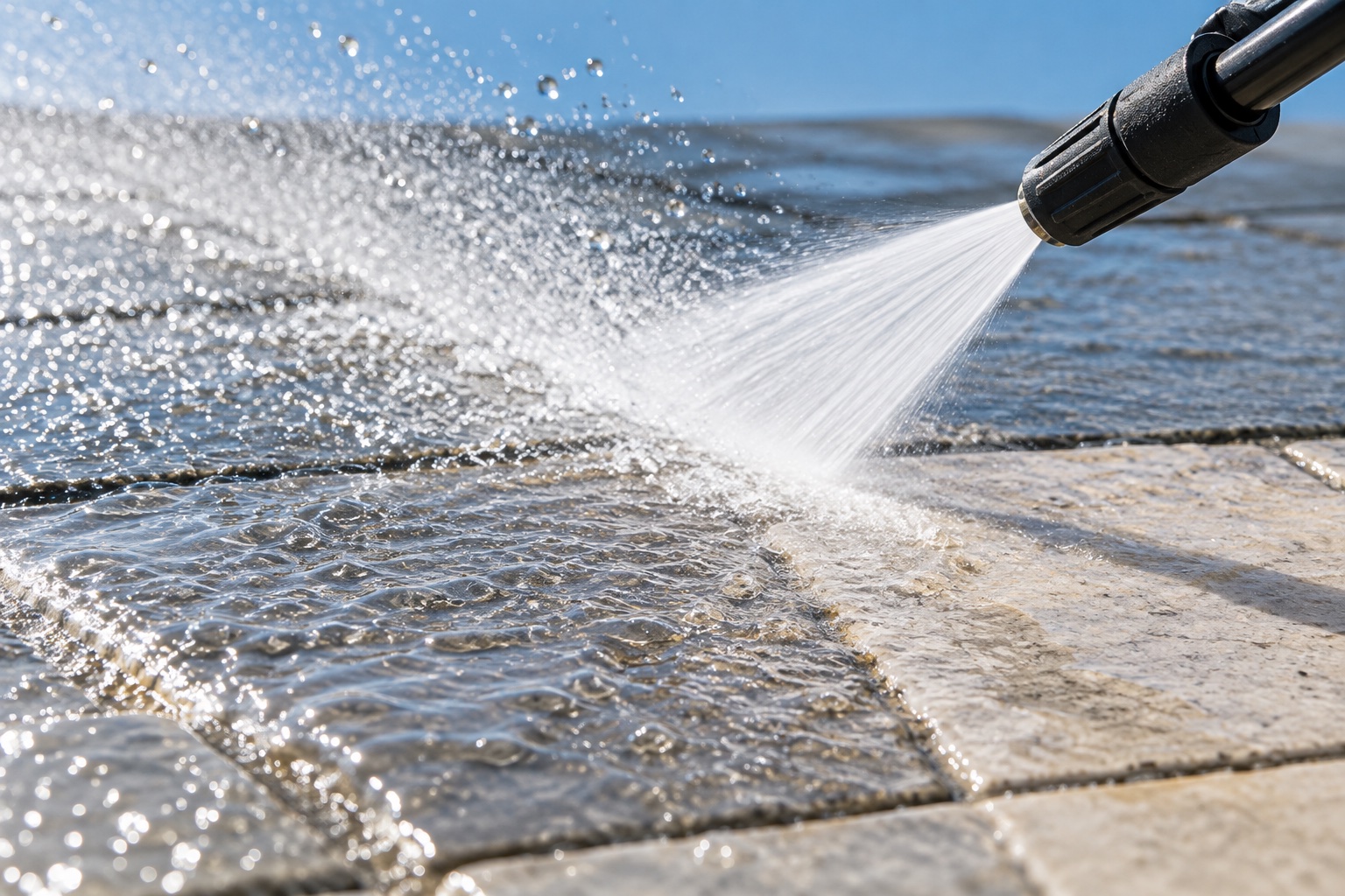 Illustrative AI photograph of water spray across stone, not client work
